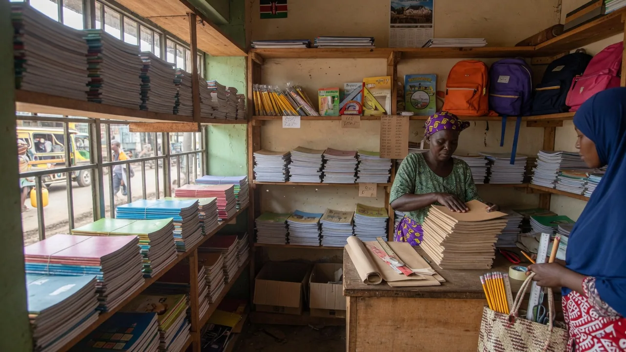 A bookshop with books and stationery arranged on shelves