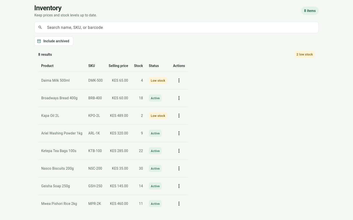 MauzoPilot products screen showing the catalog with prices in KES and stock quantities