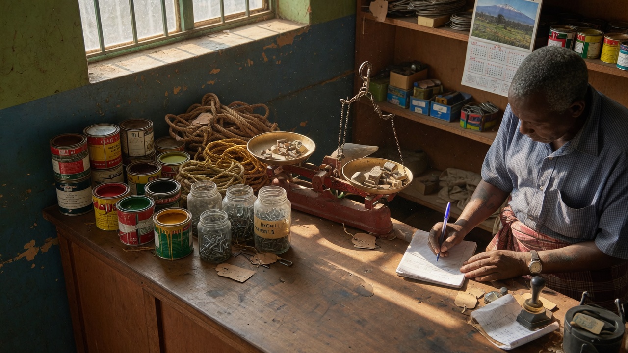 Paint, hardware, and a worn wooden counter in a Kenyan shop