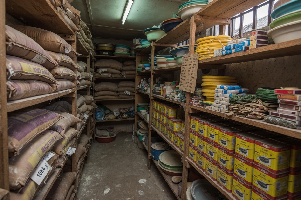Stocked shelves in a Kenyan retail shop