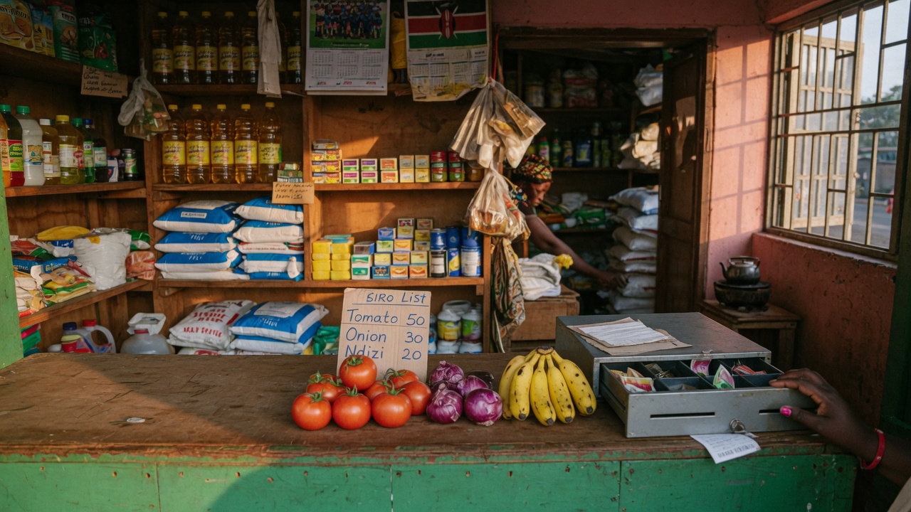 A shopkeeper at a Kenyan retail counter
