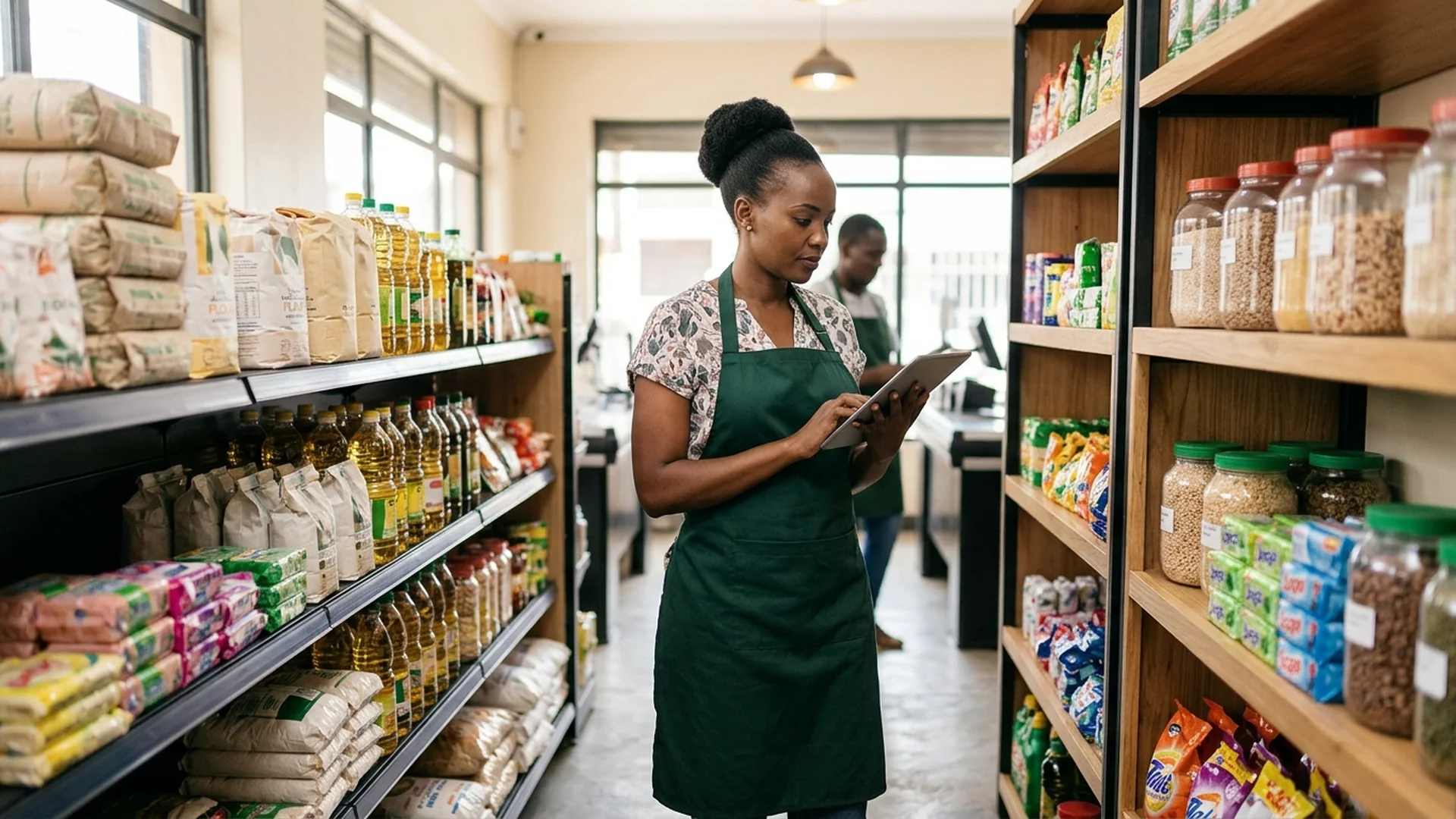 Shop manager organizing product catalog and checking shelf stock