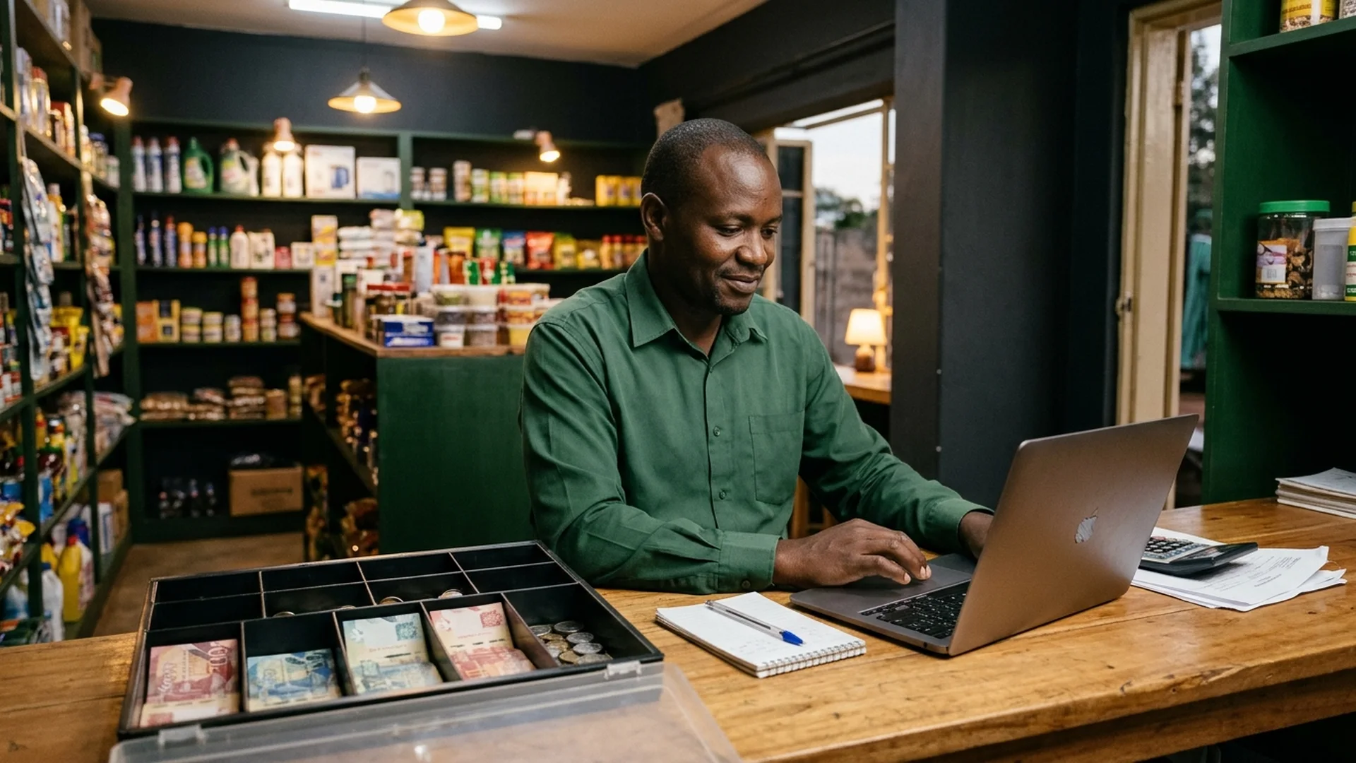 Counting the cash drawer and matching cash against M-Pesa receipts at closing time